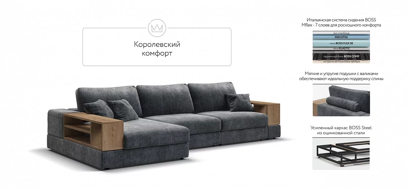 Угловой диван-кровать Босс Модуль XL левый, две полки, шенилл Глосс карбон