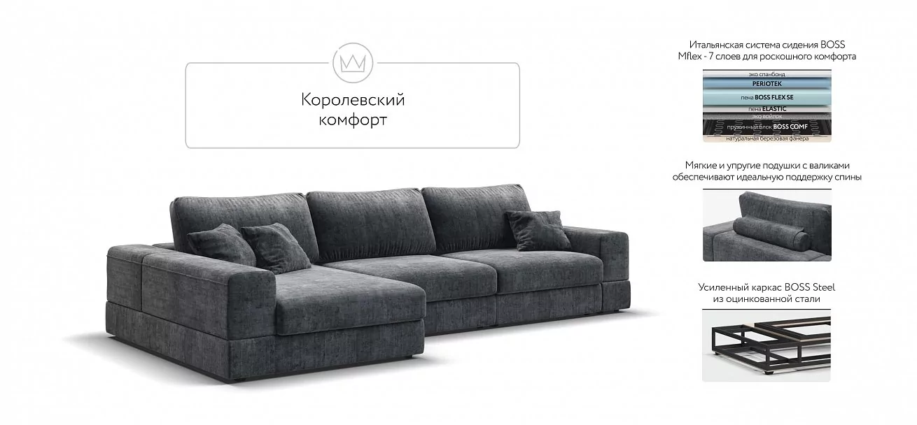 Угловой диван-кровать Босс Модуль XL левый, мягкие подлокотники, шенилл Глосс карбон