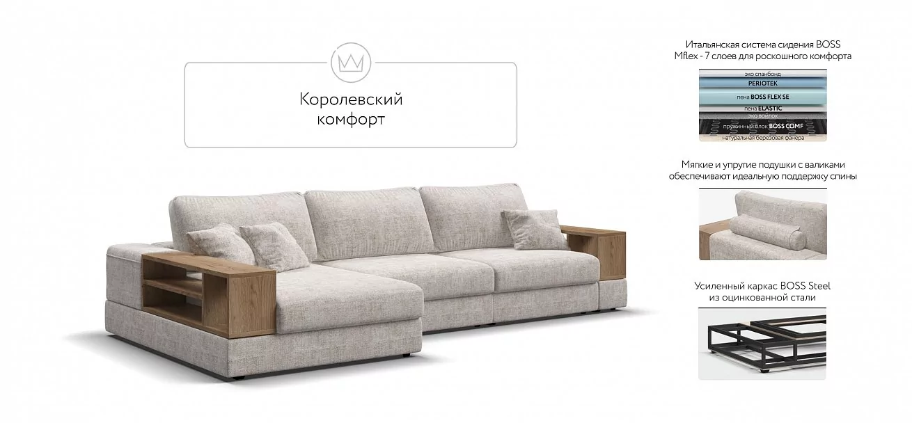 Угловой диван-кровать Босс Модуль XL левый, две полки, шенилл Смарт кварц