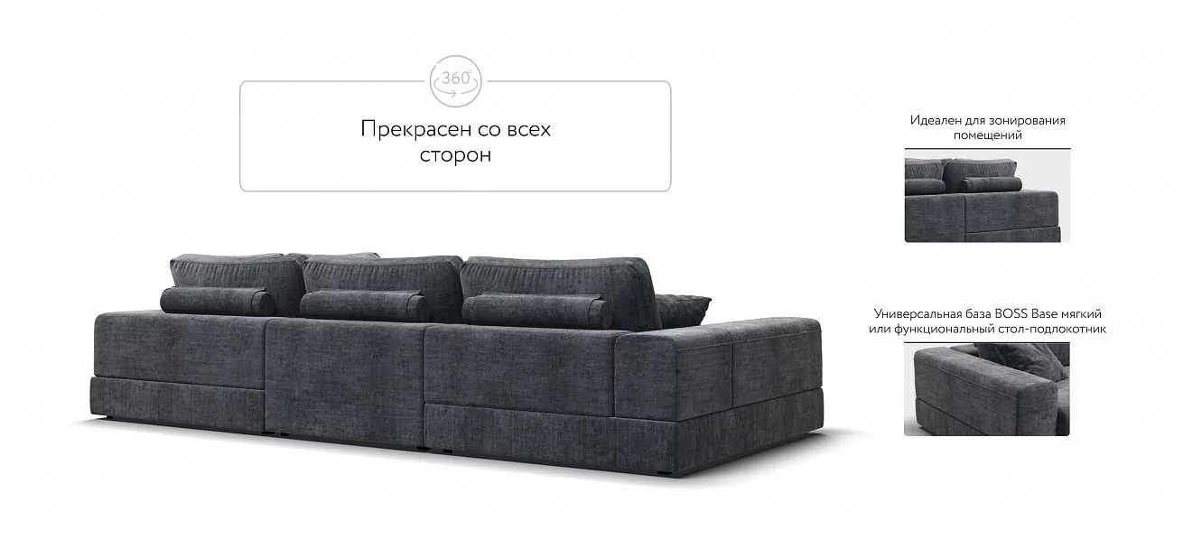 П-образный диван-кровать Босс Модуль правый, полка справа, шенилл Глосс карбон