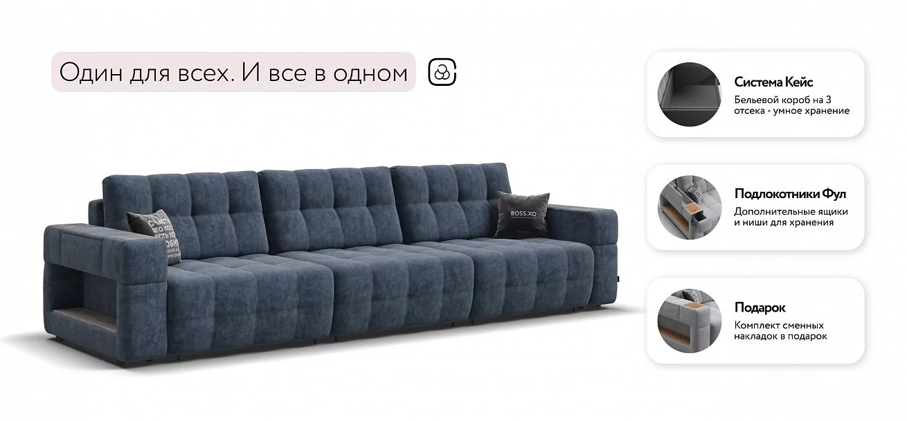 Диван Босс ХО Макс Велюр Роял синий / Камень