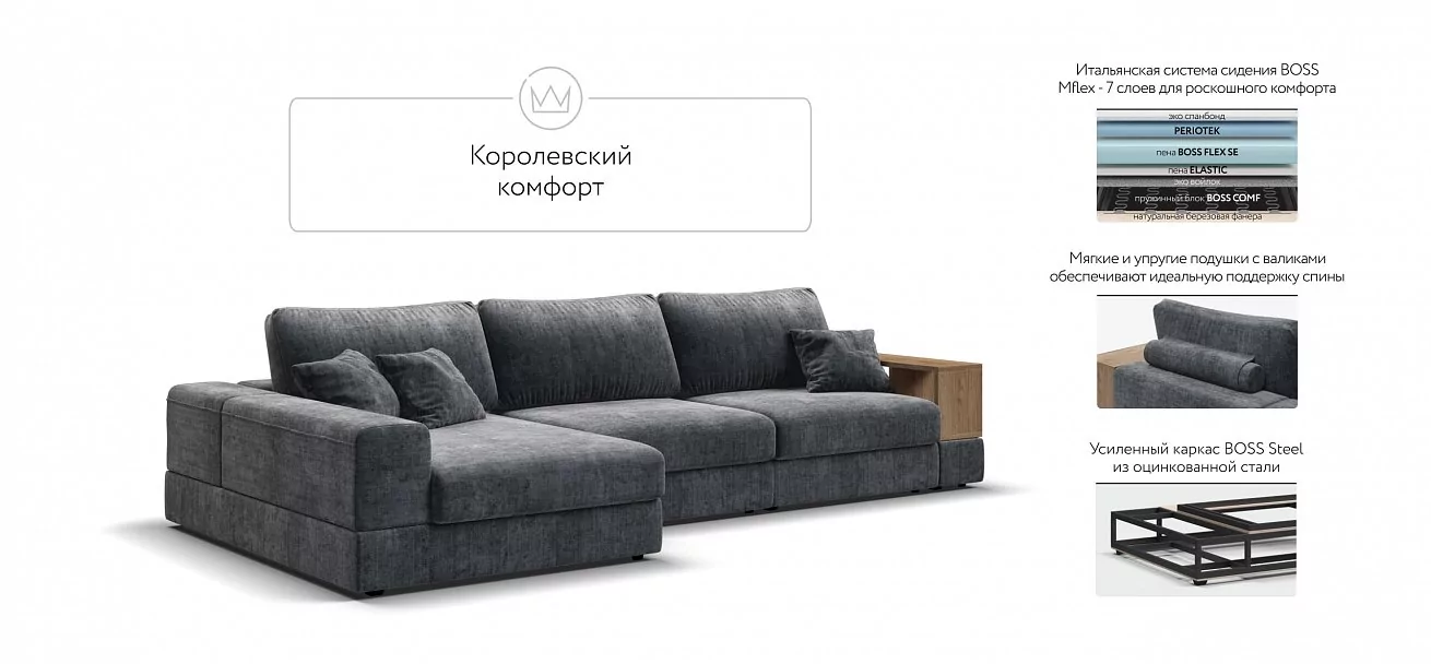 Угловой диван-кровать Босс Модуль XL левый, полка справа, шенилл Глосс карбон